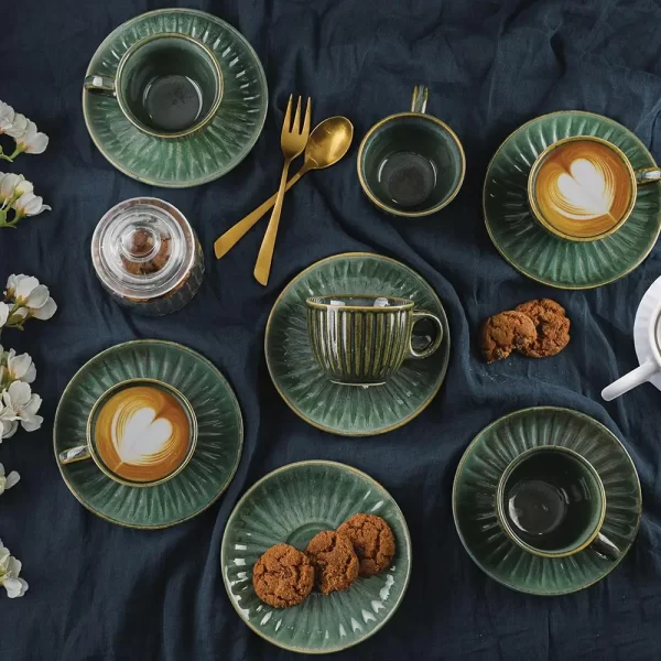Green Glossy Cup And Saucer(Set Of 6)